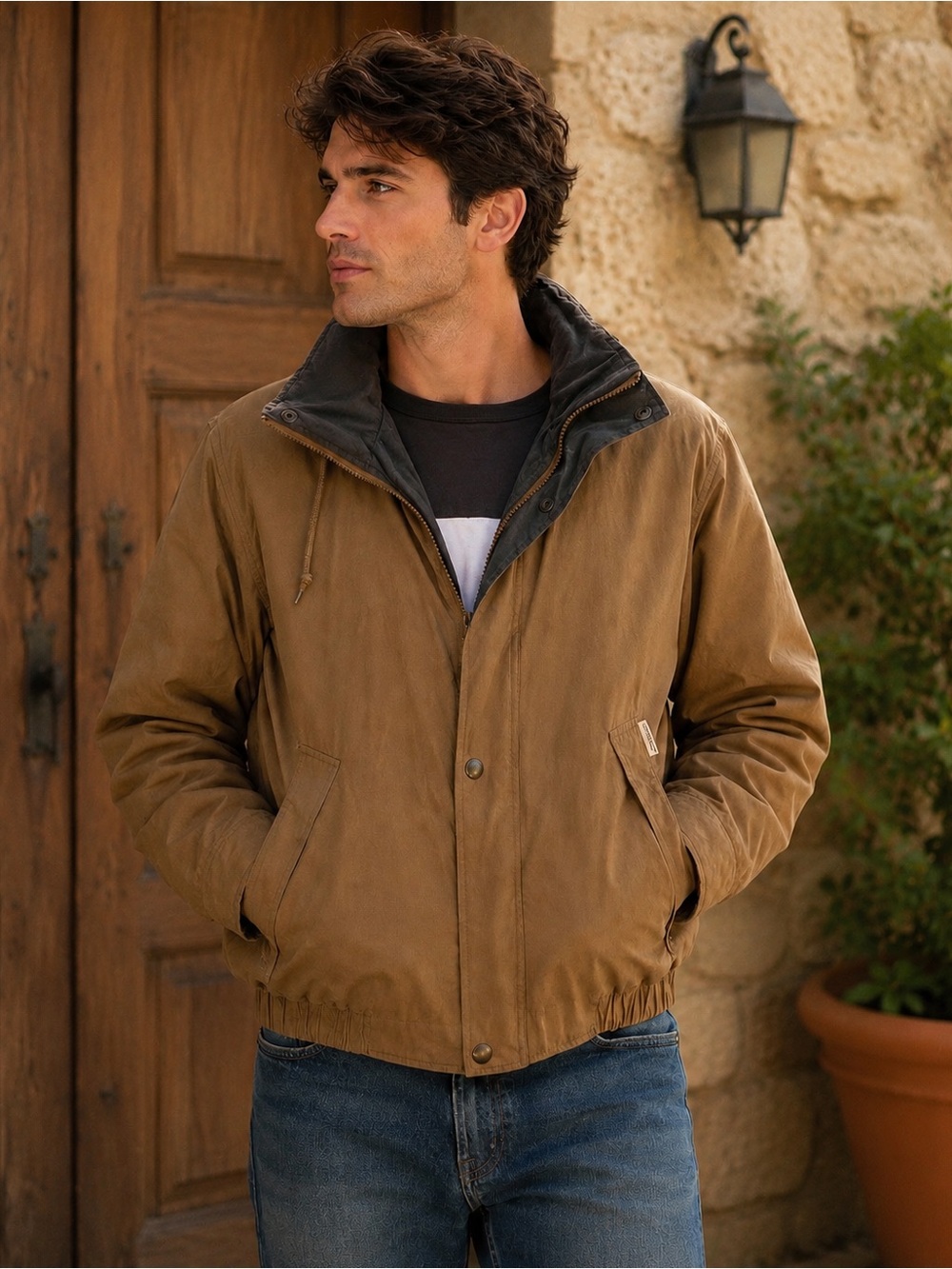 London Fog Brown Bomber Jacket with Dark Collar